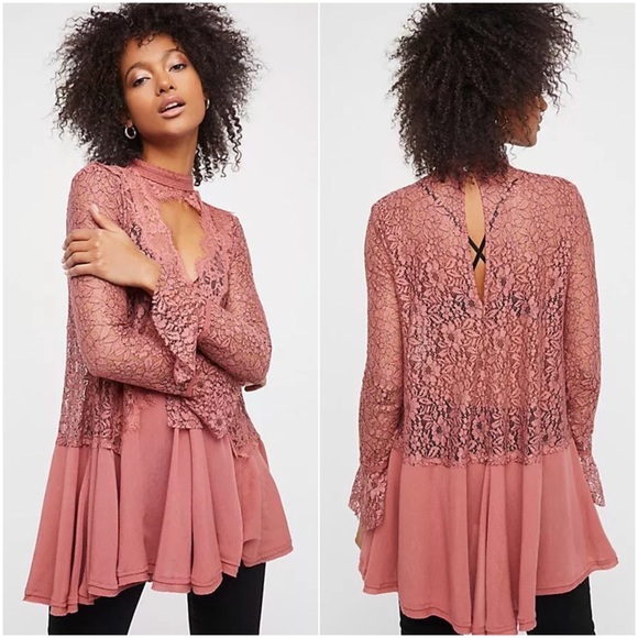 Free People Dusty Mauve Tell Tale Lace Mini Dress - Picture 2 of 8